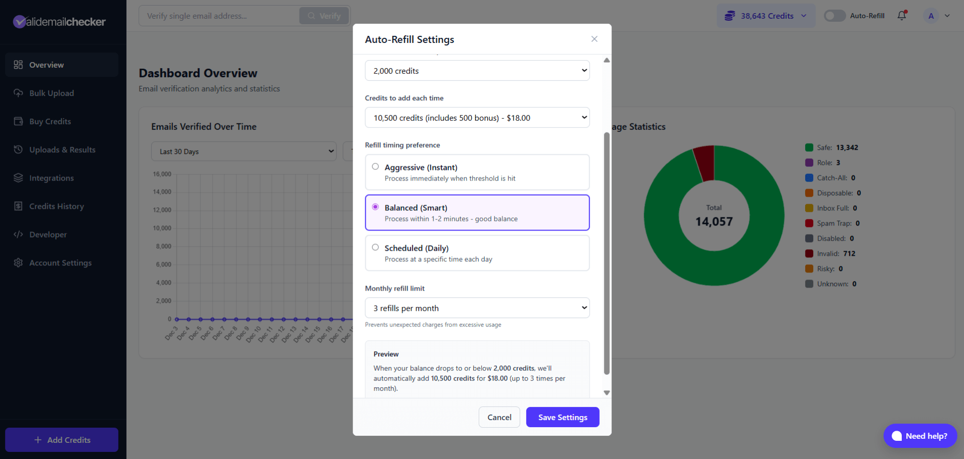 Auto-Refill Settings modal with fields for refill threshold, credits to add, timing preference (Instant/Smart/Scheduled), and monthly refill limit